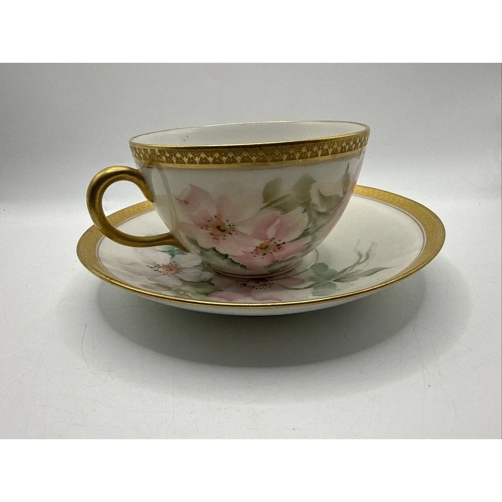 GDA France Limoges Pink Flower Teacup Coffee Cup Saucer Gold Trim Vintage France